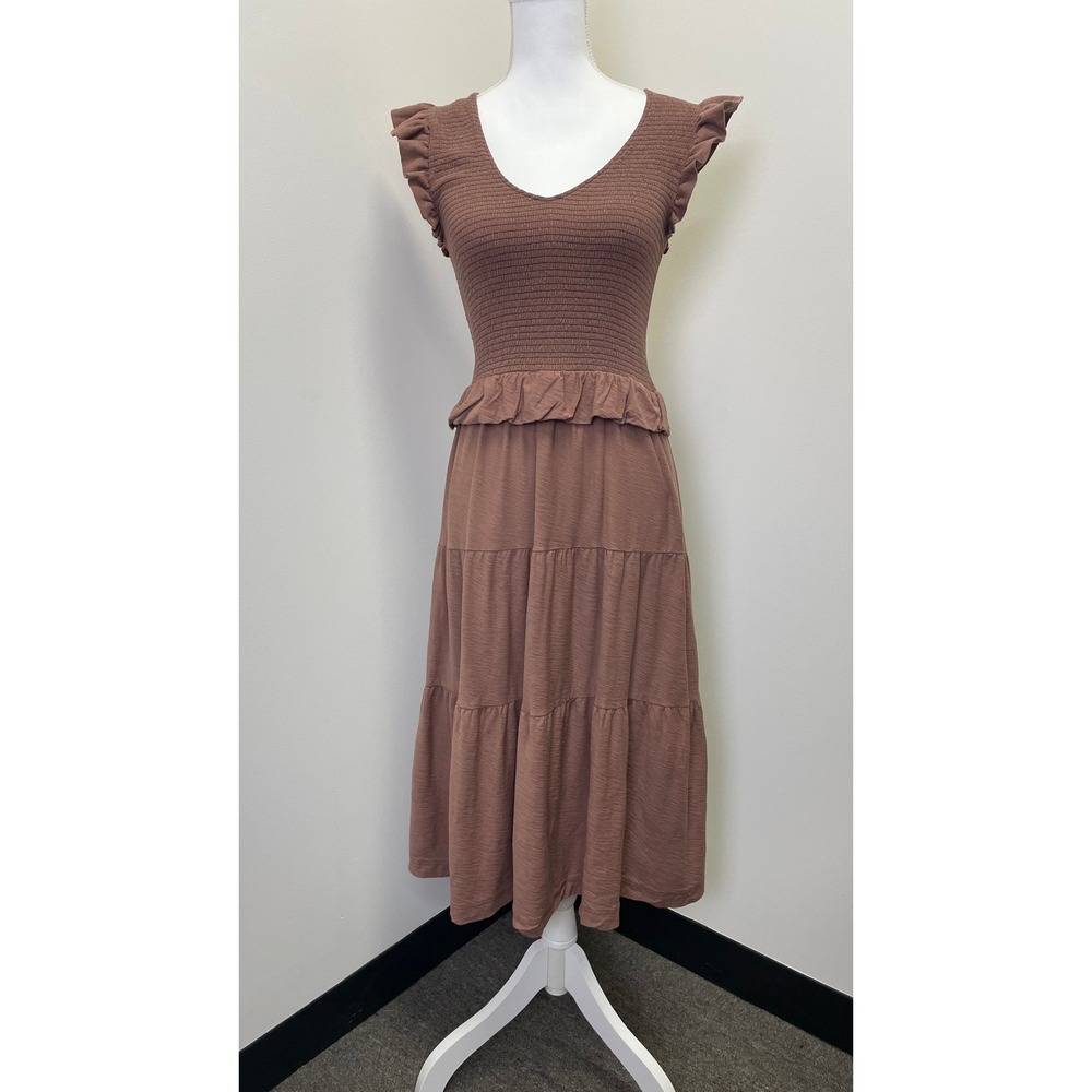 Nation LTD Fabienne Smocked Pima Cotton Midi Dress M Brown Tiered Vacation